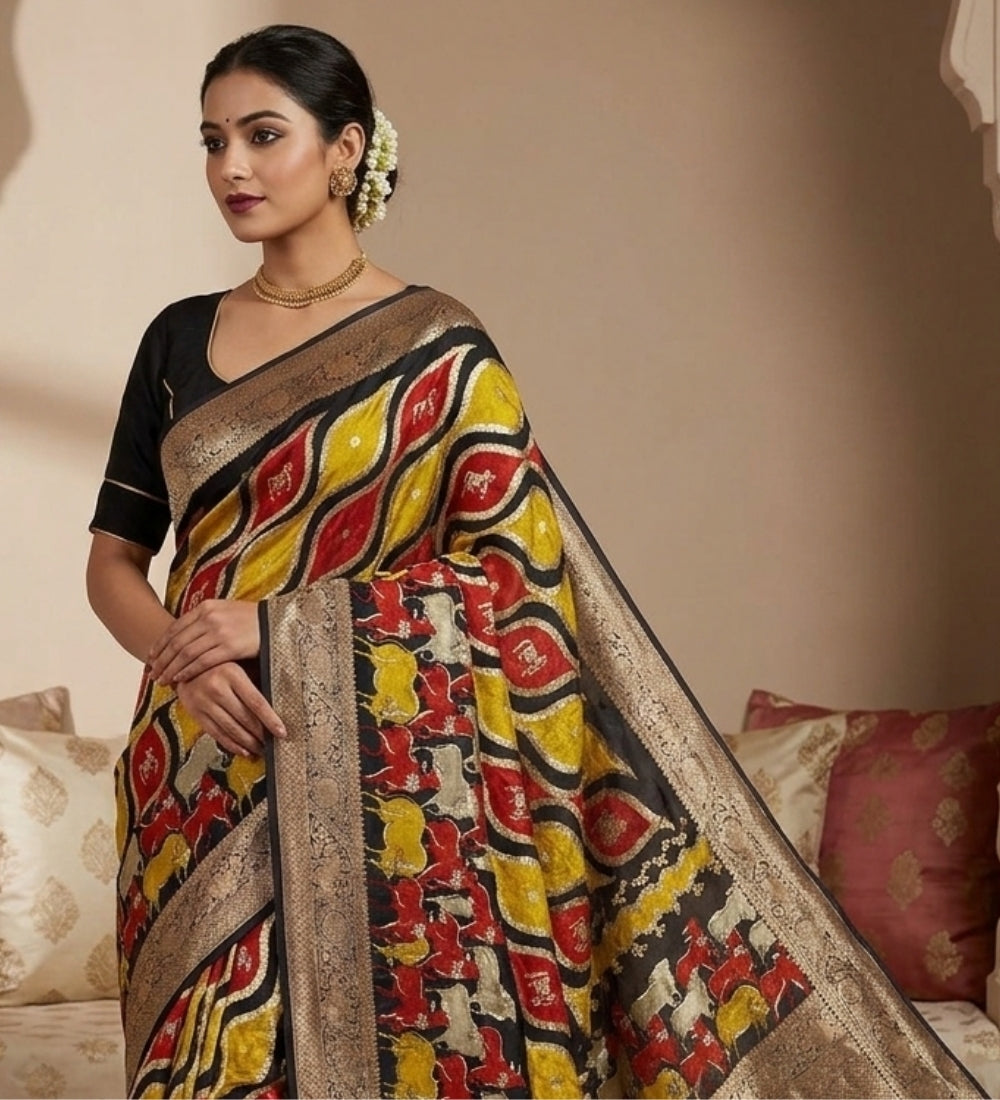 Multicolor art silk Kalamkari printed saree with unstitched blouse piece, 5.5 meters length