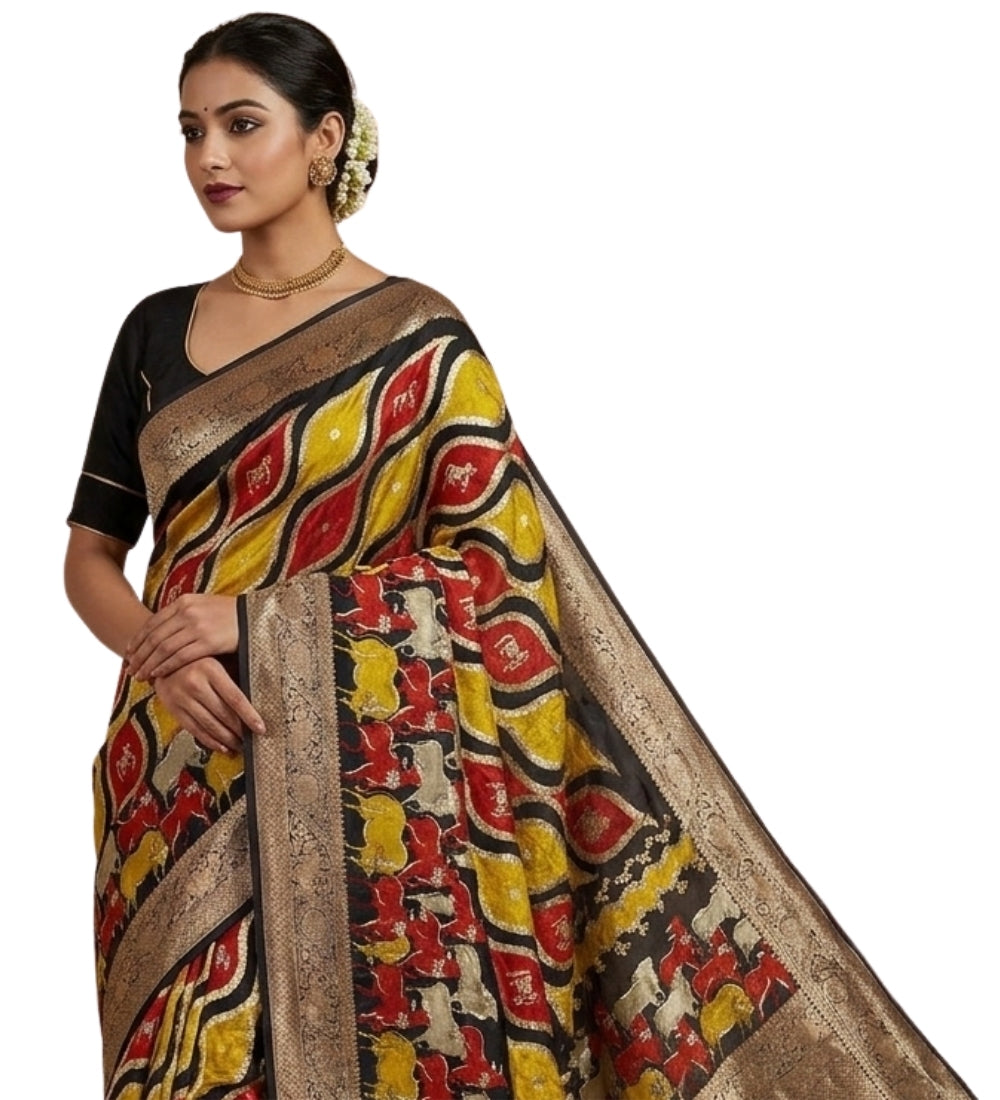 Multicolor art silk Kalamkari printed saree with unstitched blouse piece, 5.5 meters length