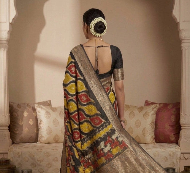 Multicolor art silk Kalamkari printed saree with unstitched blouse piece, 5.5 meters length