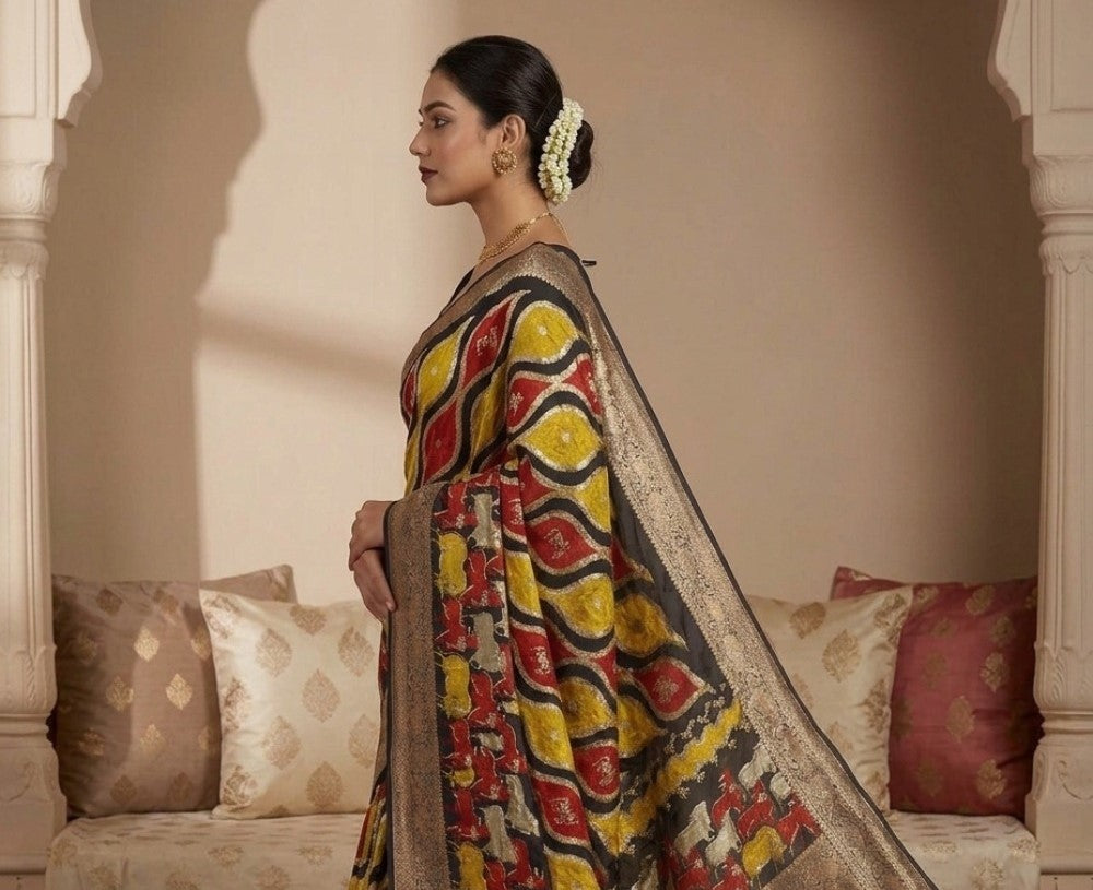 Multicolor art silk Kalamkari printed saree with unstitched blouse piece, 5.5 meters length
