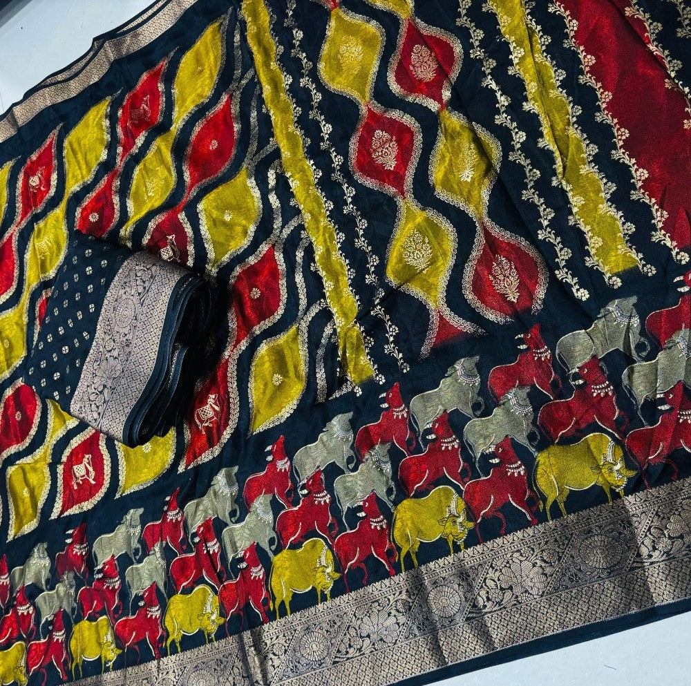 Multicolor art silk Kalamkari printed saree with unstitched blouse piece, 5.5 meters length