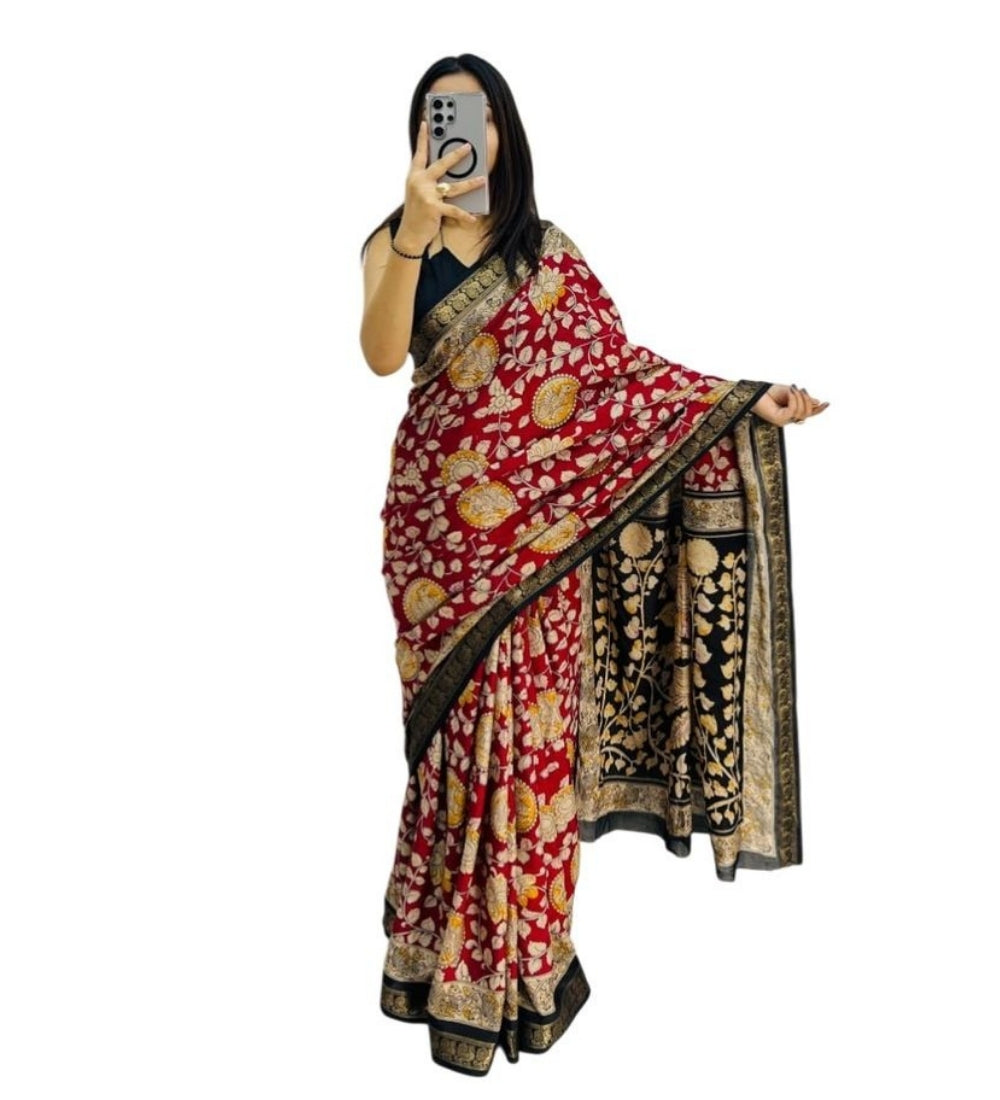 Maroon linen saree with floral print and unstitched blouse piece, 5.5 meters length