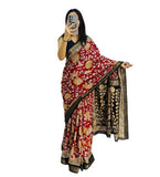 Maroon linen saree with floral print and unstitched blouse piece, 5.5 meters length