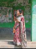 Maroon linen saree with floral print and unstitched blouse piece, 5.5 meters length