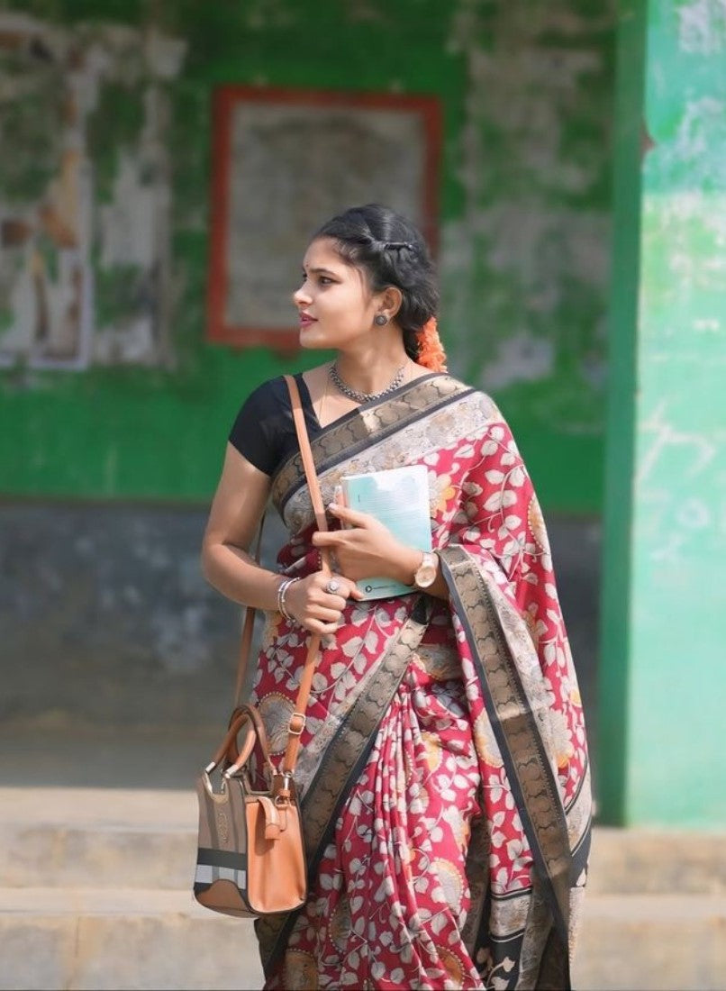 Maroon linen saree with floral print and unstitched blouse piece, 5.5 meters length