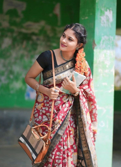 Maroon linen saree with floral print and unstitched blouse piece, 5.5 meters length