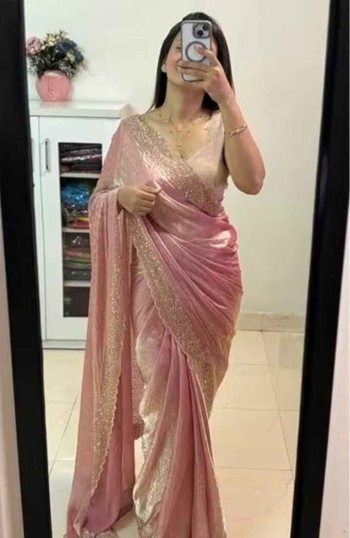 Peach chiffon saree with embellishments and unstitched blouse piece, 5.5 meters length