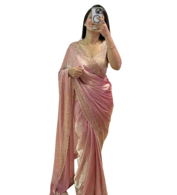 Peach chiffon saree with embellishments and unstitched blouse piece, 5.5 meters length