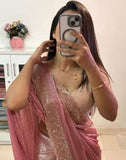 Peach chiffon saree with embellishments and unstitched blouse piece, 5.5 meters length
