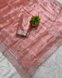 Peach chiffon saree with embellishments and unstitched blouse piece, 5.5 meters length