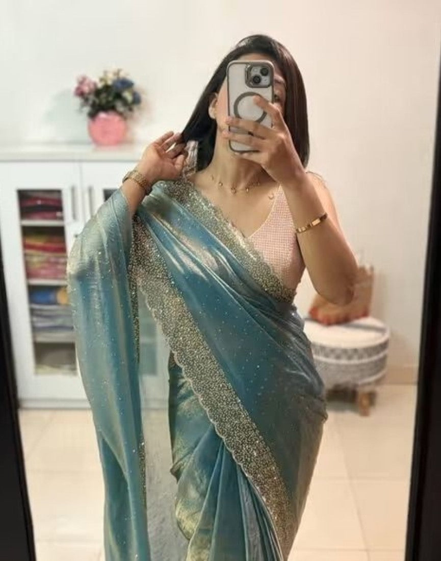 Sea green chiffon saree with embellishments and unstitched blouse piece, 5.5 meters length