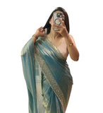Sea green chiffon saree with embellishments and unstitched blouse piece, 5.5 meters length