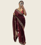 Wine chiffon saree with embellishments and unstitched blouse piece, 5.5 meters length