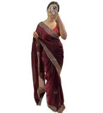 Wine chiffon saree with embellishments and unstitched blouse piece, 5.5 meters length