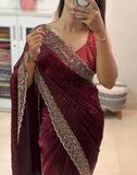 Wine chiffon saree with embellishments and unstitched blouse piece, 5.5 meters length