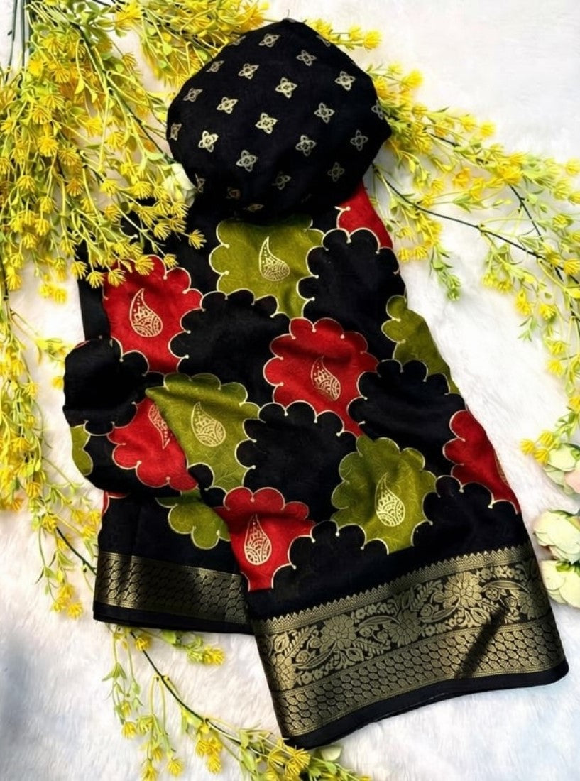 Multicolor Dola Silk Kalamkari floral printed saree with unstitched blouse, 5.5 meters length
