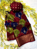 Multicolor Dola Silk Kalamkari floral printed saree with unstitched blouse, 5.5 meters length