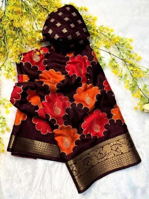 Multicolor Dola Silk Kalamkari floral printed saree with unstitched blouse, 5.5 meters length