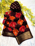 Multicolor Dola Silk Kalamkari floral printed saree with unstitched blouse, 5.5 meters length