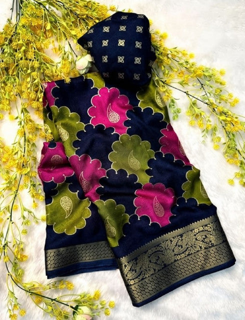 Multicolor Dola Silk Kalamkari floral printed saree with unstitched blouse, 5.5 meters length