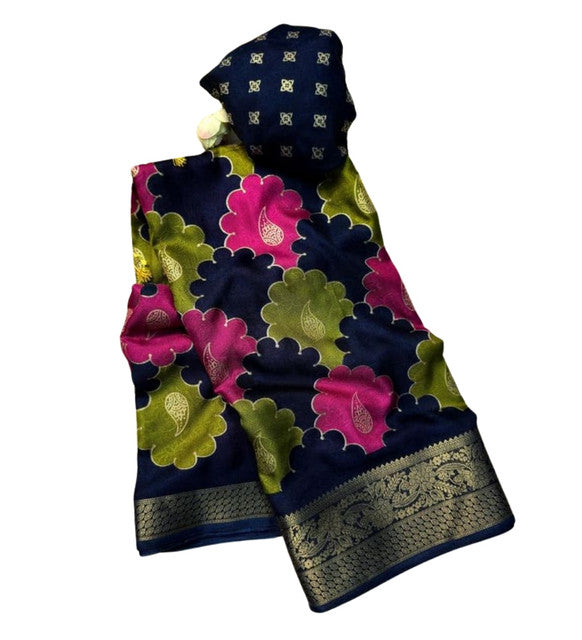 Multicolor Dola Silk Kalamkari floral printed saree with unstitched blouse, 5.5 meters length