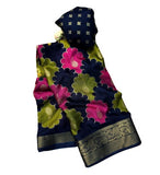 Multicolor Dola Silk Kalamkari floral printed saree with unstitched blouse, 5.5 meters length