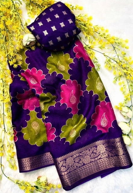 Multicolor Dola Silk Kalamkari floral printed saree with unstitched blouse, 5.5 meters length