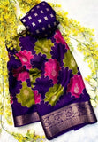 Multicolor Dola Silk Kalamkari floral printed saree with unstitched blouse, 5.5 meters length