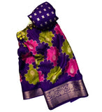 Multicolor Dola Silk Kalamkari floral printed saree with unstitched blouse, 5.5 meters length