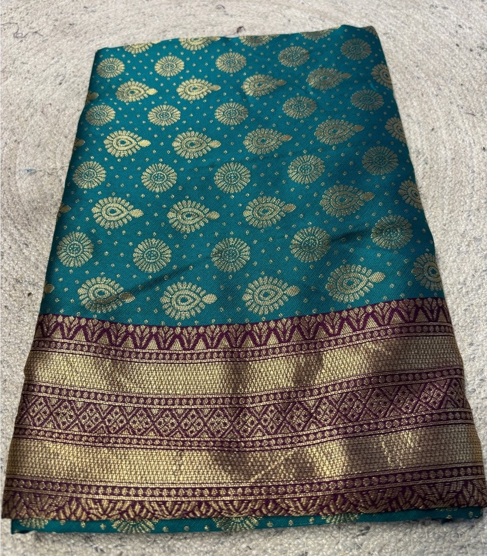 Women's Jacquard Printed Saree With Unstitched Blouse - 5.5 Mtr (Teal-Purple)