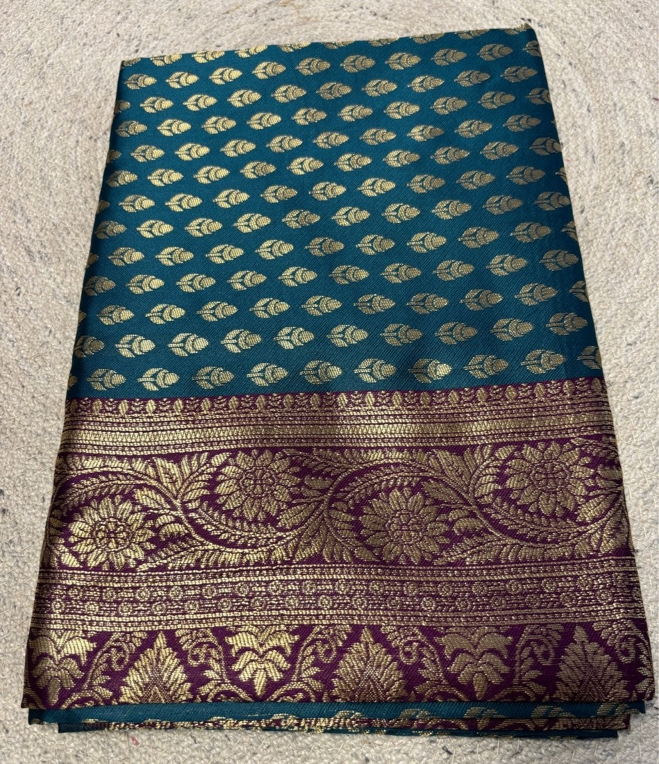 Women's Jacquard Printed Saree With Unstitched Blouse - 5.5 Mtr (Teal-Purple)