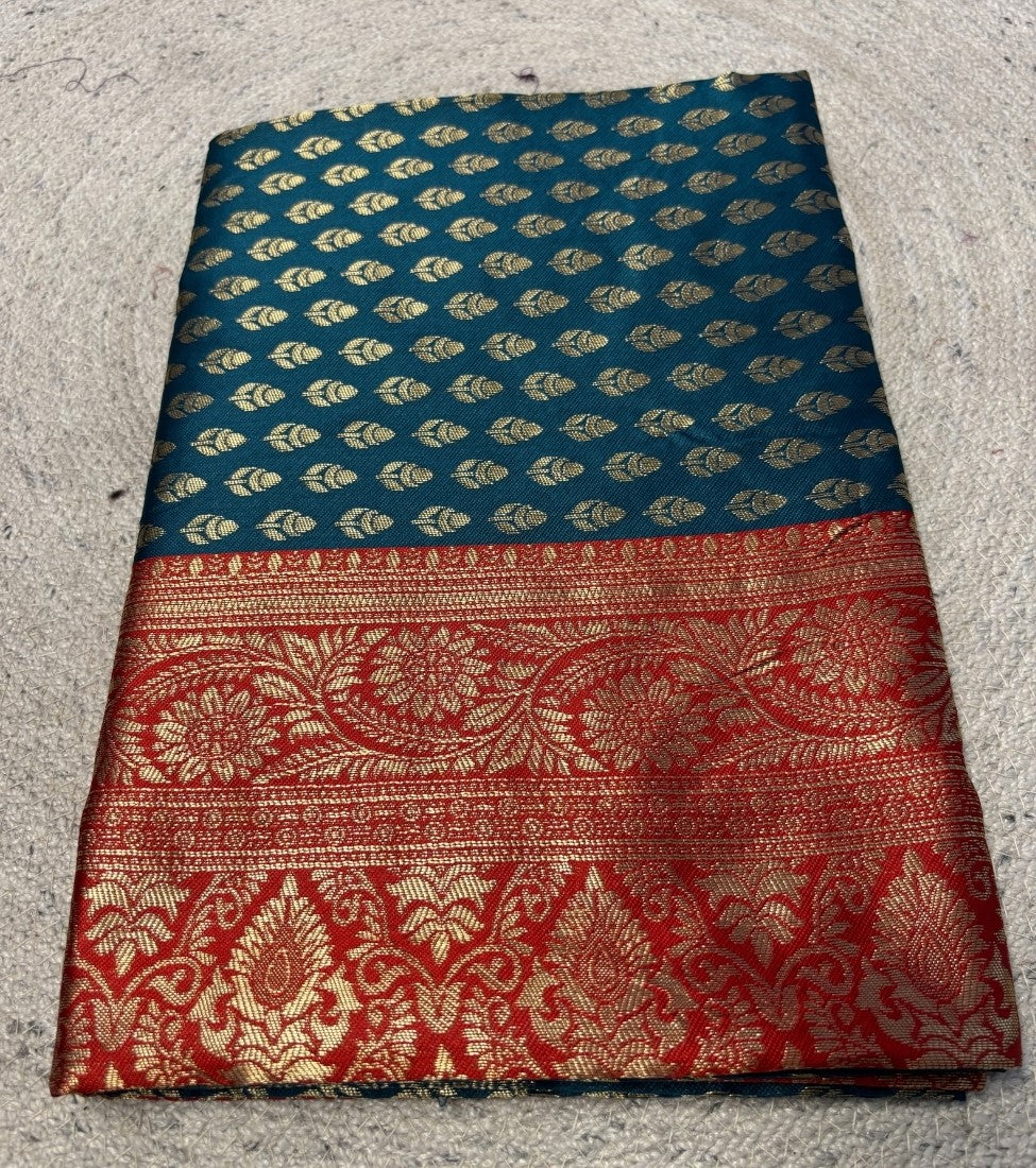 Women's Jacquard Printed Saree With Unstitched Blouse - 5.5 Mtr (Teal-Red)
