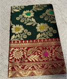 Women's Jacquard Floral Printed Saree With Unstitched Blouse - 5.5 Mtr (Dark Green-Red)