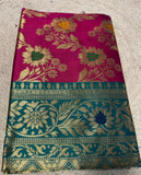 Women's Jacquard Floral Printed Saree With Unstitched Blouse - 5.5 Mtr (Magenta-Teal)