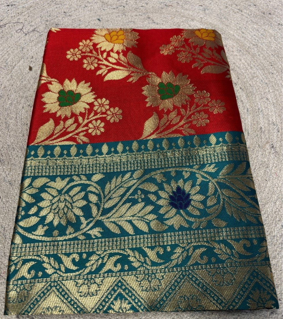 Women's Jacquard Floral Printed Saree With Unstitched Blouse - 5.5 Mtr (Red-Teal)