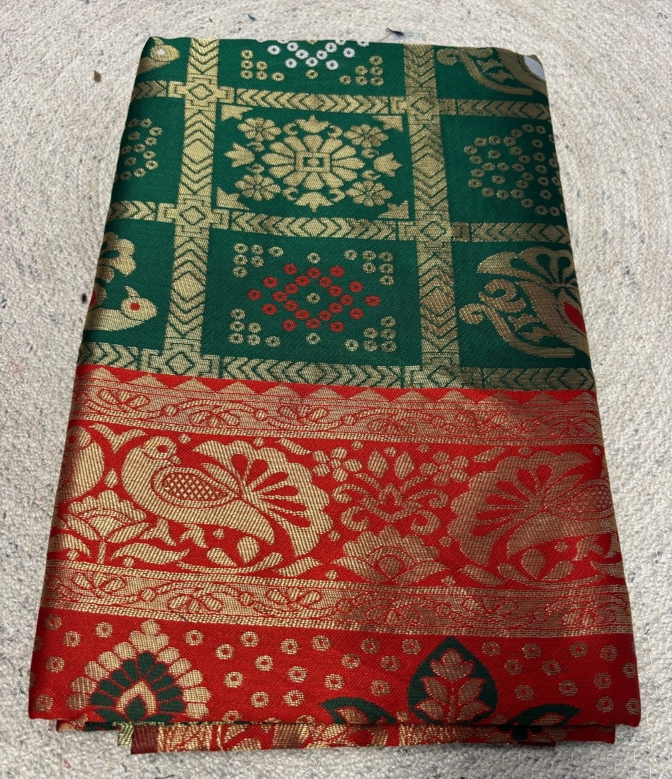 Women's Jacquard Printed Saree With Unstitched Blouse - 5.5 Mtr (Green-Red)