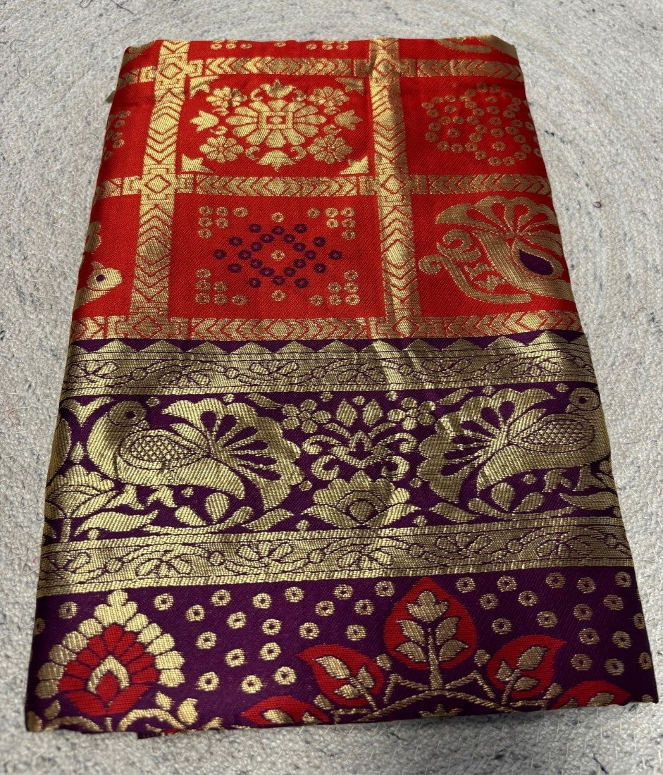 Women's Jacquard Printed Saree With Unstitched Blouse - 5.5 Mtr (Red-Purple)