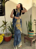 Women's Linen Cotton Printed Saree With Unstitched Blouse - 5.5 Mtr (Blue)