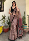 Women's Linen Cotton Printed Saree With Unstitched Blouse - 5.5 Mtr (Brown)