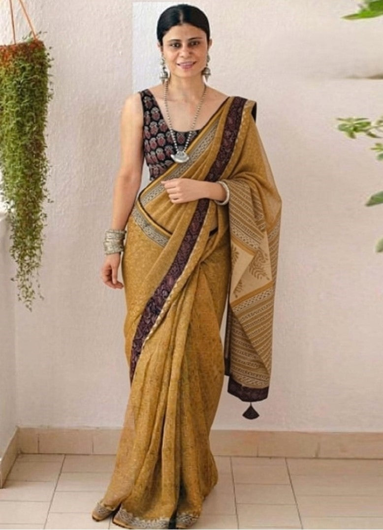 Women's Linen Cotton Printed Saree With Unstitched Blouse - 5.5 Mtr (Mustard Yellow)