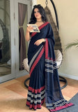 Women's Linen Cotton Striped Saree With Unstitched Blouse - 5.5 Mtr (Navy Blue)