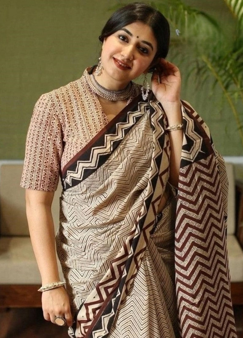 Women's Linen Cotton Printed Saree With Unstitched Blouse - 5.5 Mtr (Cream-Maroon)