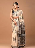 Women's Linen Cotton Printed Saree With Unstitched Blouse - 5.5 Mtr (Cream-Black)