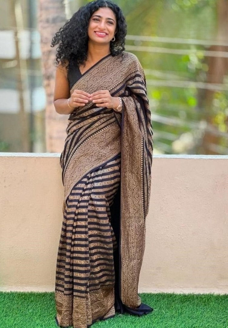 Women's Linen Cotton Striped Saree With Unstitched Blouse - 5.5 Mtr (Black-Beige)
