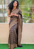 Women's Linen Cotton Striped Saree With Unstitched Blouse - 5.5 Mtr (Black-Beige)
