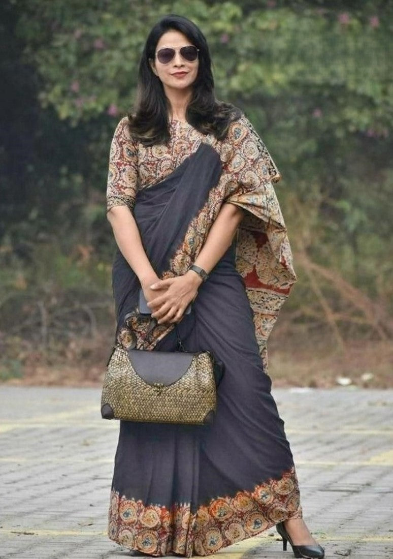 Women's Linen Cotton Kalamkari Printed Saree With Unstitched Blouse - 5.5 Mtr (Multicolor)