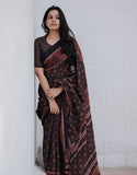 Women's Linen Cotton Printed Saree With Unstitched Blouse - 5.5 Mtr (Black-Brown)