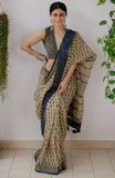 Women's Linen Cotton Printed Saree With Unstitched Blouse - 5.5 Mtr (Cream-Blue)