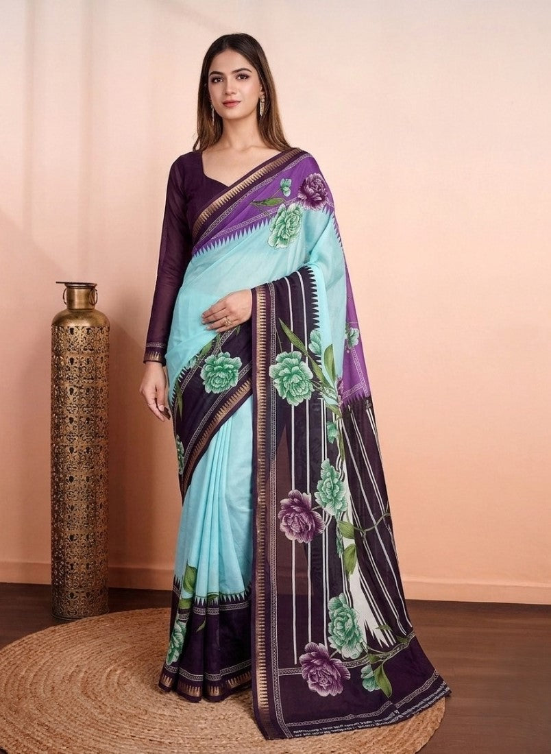 Women's Marshmallow Cotton Floral Printed Saree With Unstitched Blouse - 5.5 Mtr (Multicolor)