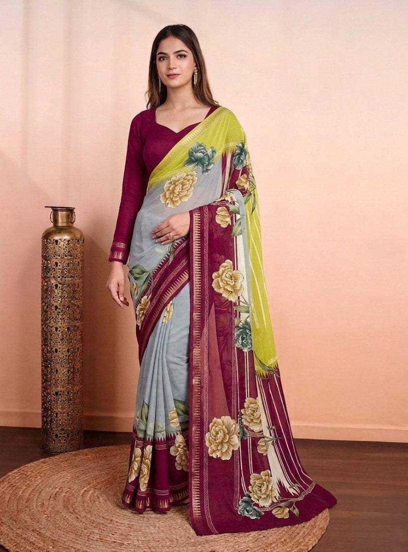 Women's Marshmallow Cotton Floral Printed Saree With Unstitched Blouse - 5.5 Mtr (Multicolor)